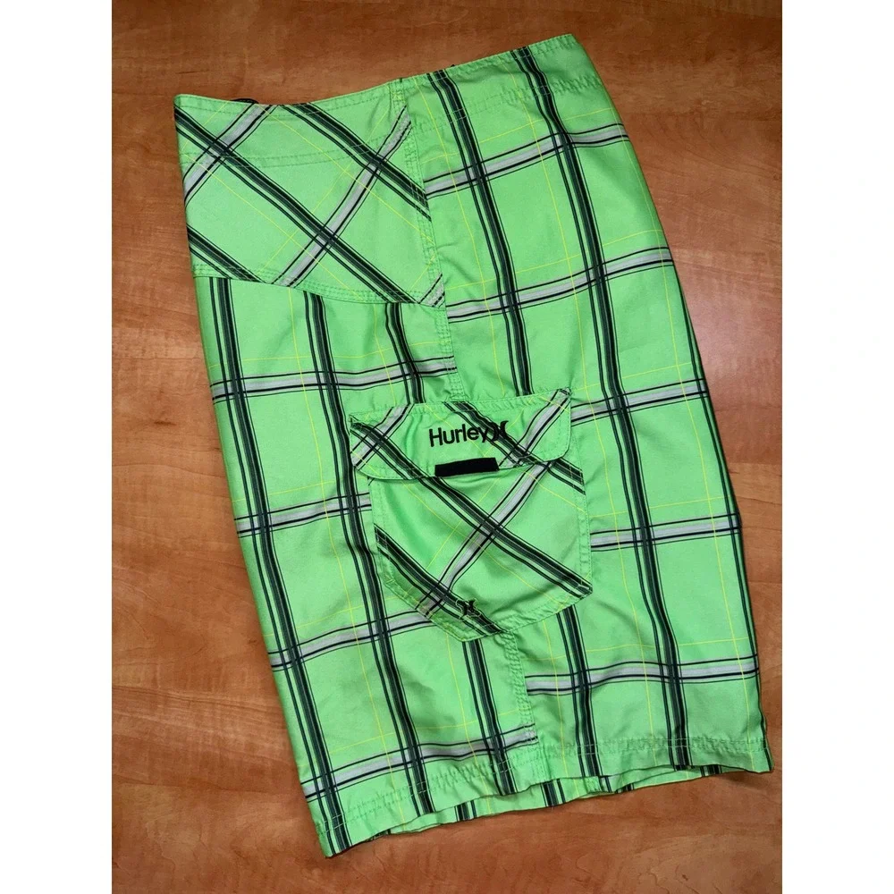 Hurley Mens Board Shorts Lime Green Plaid Swim Trunks Cargo Pocket Size 36